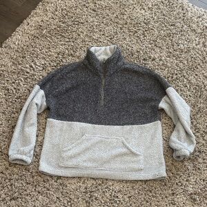 Doe & Rae Quarter Zip Sherpa Sweater in Gray and Light and Gray